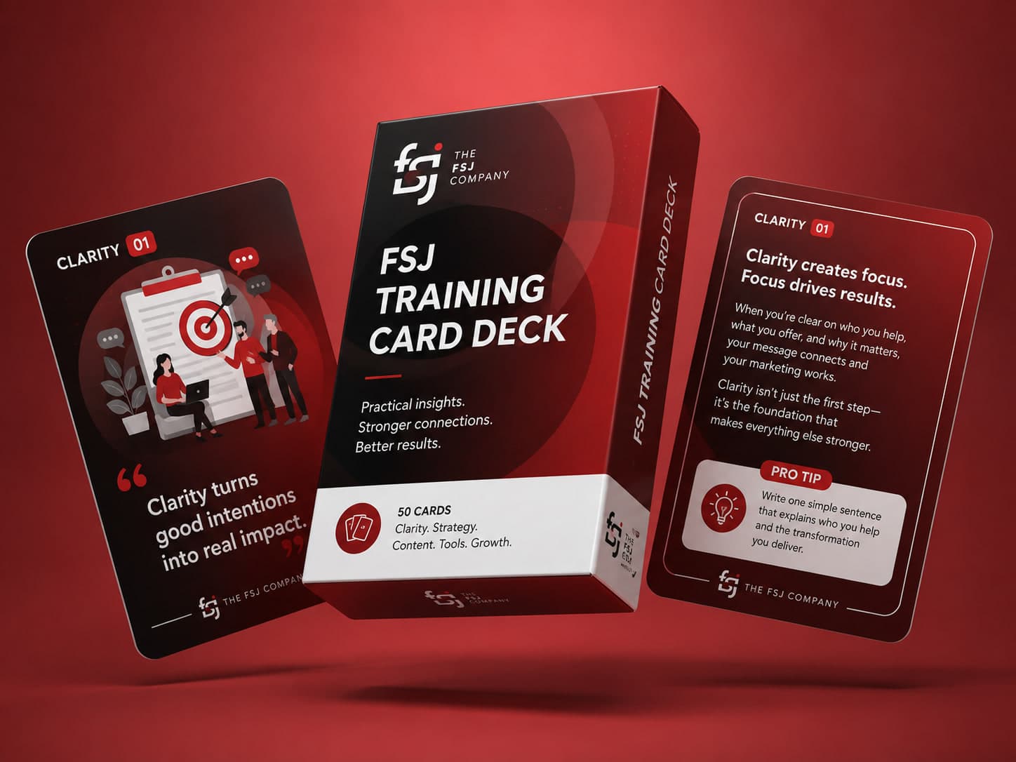 The FSJ Training Card Deck — box and two cards from the Clarity set