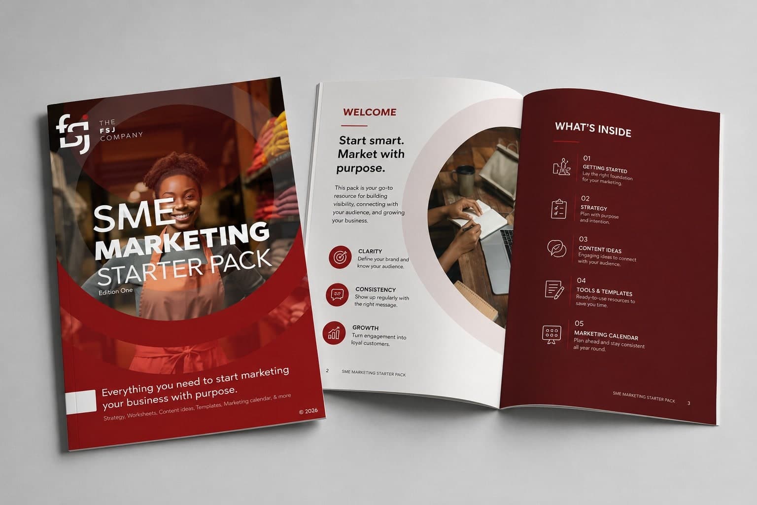 The FSJ SME Marketing Starter Pack, cover and interior spread
